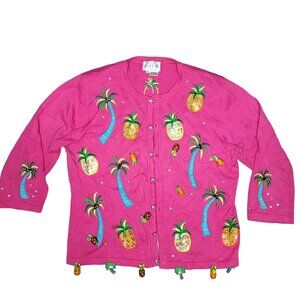 Just B. Vintage Tropical pineapple beaded Sequim palm tree Embroided cartigan M